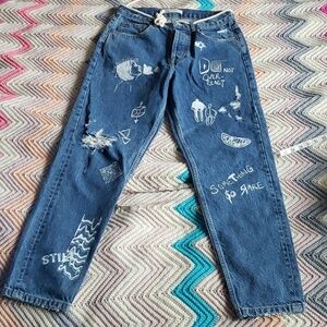 Zara men’s slim fit Graffiti ripped jeans, mid-blue, size 31
